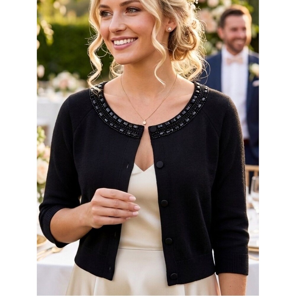 ANN TAYLOR LOFT Elegant Black Cardigan with Sequin Detail